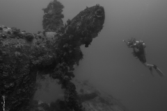 Giant propeller and diver, Truk Lagoon, Micronesia